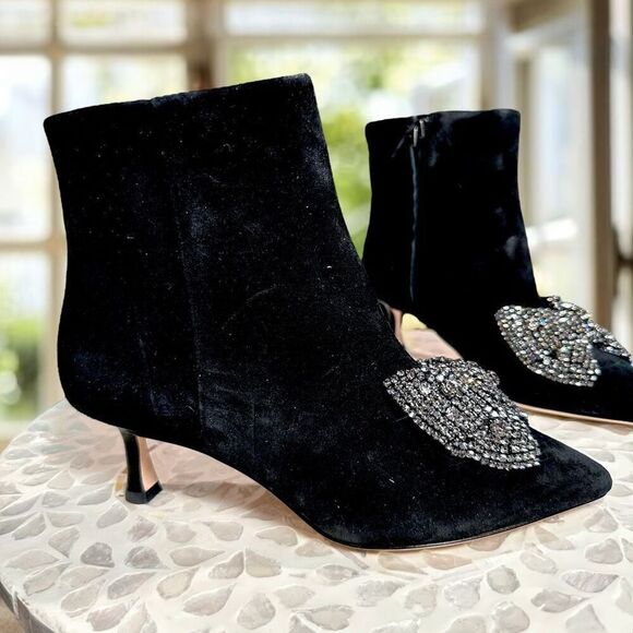Tory Burch $498 Embellished Crystal Bow Leather Suede Ankle Booties Boots Shoes - Picture 3 of 15